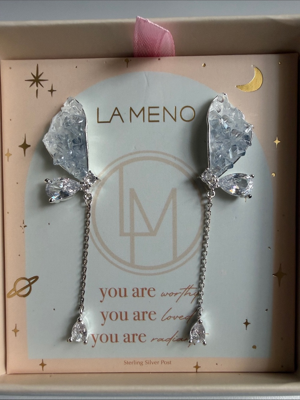 LA MENO Silver Clear Crystal Drop Chain Earrings - Picture 2 of 3